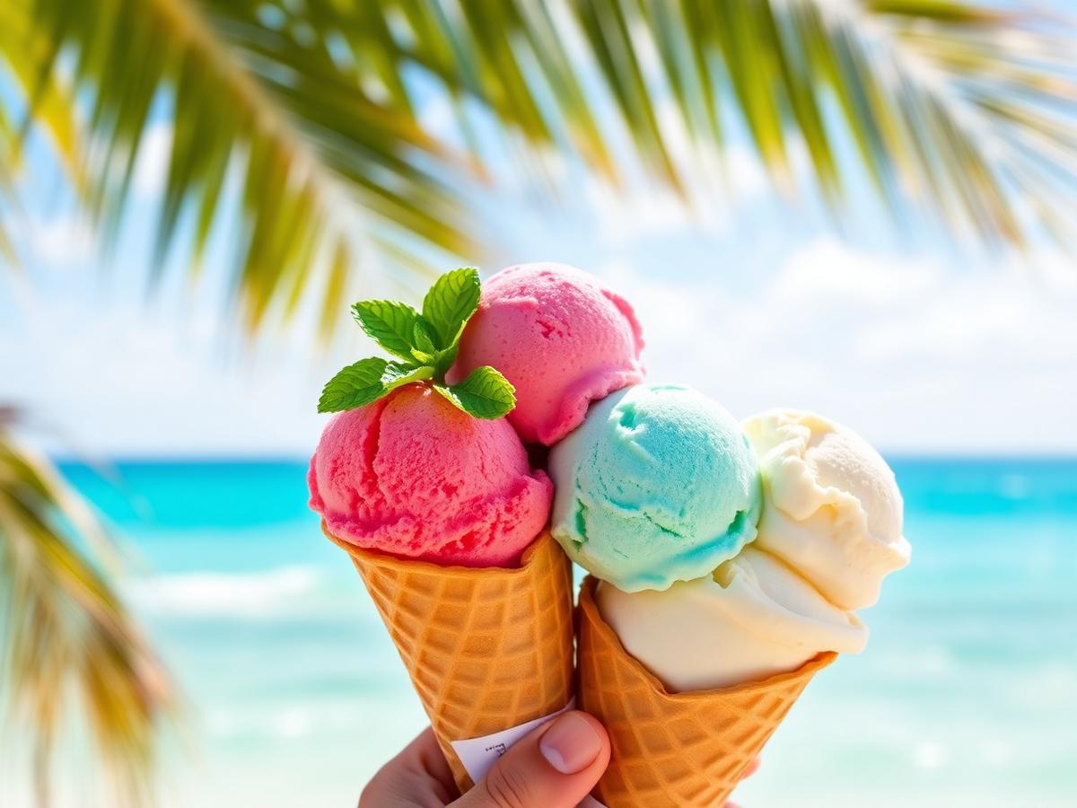 Three scoops of ice cream against the Atlantic ocean